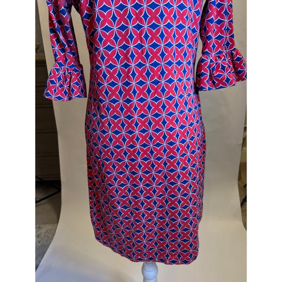 Tracy Negoshian | Red/Blue Geometric Bell Sleeve Cotton Dress | Large - Picture 13 of 16